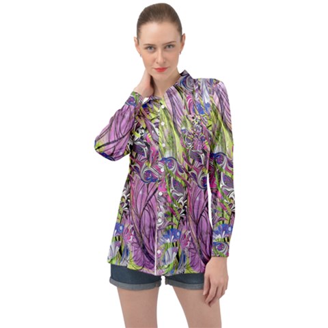 Abstract Intarsio Long Sleeve Satin Shirt by kaleidomarblingart