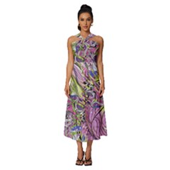 Abstract Intarsio Sleeveless Cross Front Cocktail Midi Chiffon Dress