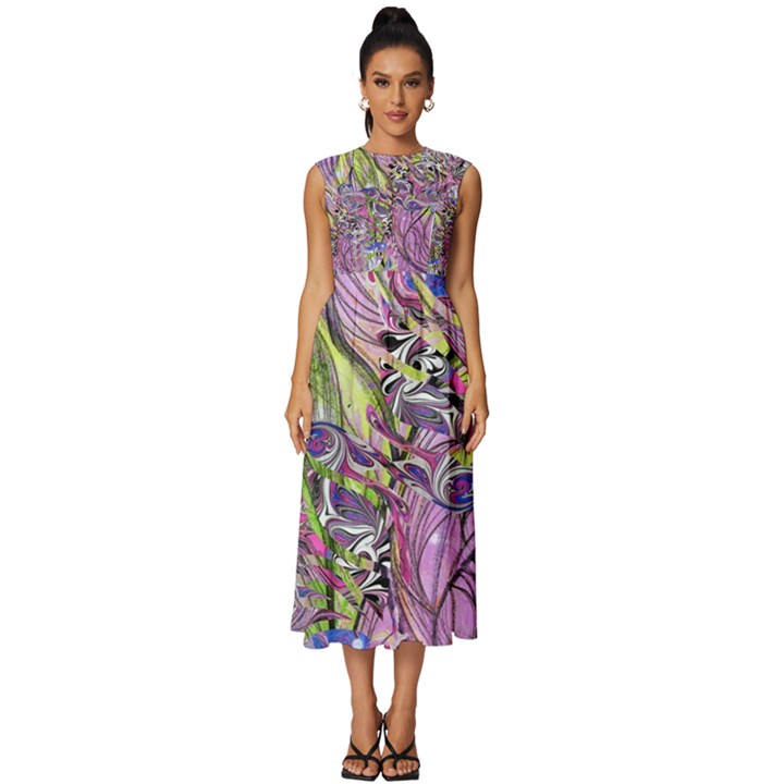 Abstract intarsio Sleeveless Round Neck Midi Dress