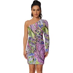 Abstract Intarsio Long Sleeve One Shoulder Mini Dress