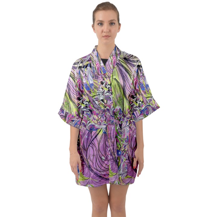 Abstract intarsio Half Sleeve Satin Kimono 