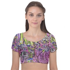 Abstract Intarsio Velvet Short Sleeve Crop Top  by kaleidomarblingart