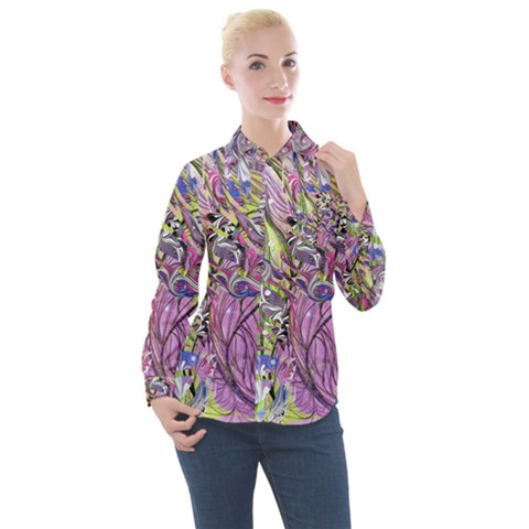 Abstract Intarsio Women s Long Sleeve Pocket Shirt by kaleidomarblingart