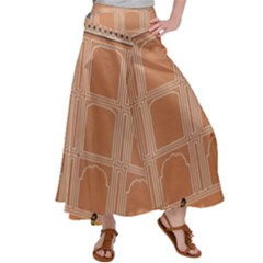 Person Stands By Tall Orange Wall And Looks- Up Satin Palazzo Pants by artworkshop