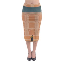 Person Stands By Tall Orange Wall And Looks- Up Midi Pencil Skirt by artworkshop