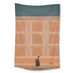 Person Stands By Tall Orange Wall And Looks- Up Large Tapestry