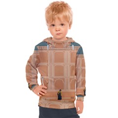 Person Stands By Tall Orange Wall And Looks- Up Kids  Hooded Pullover by artworkshop