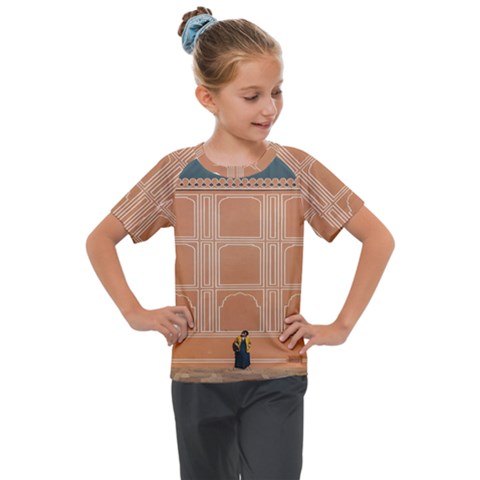 Person Stands By Tall Orange Wall And Looks- Up Kids  Mesh Piece Tee by artworkshop