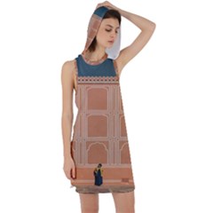 Person Stands By Tall Orange Wall And Looks- Up Racer Back Hoodie Dress by artworkshop