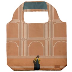 Person Stands By Tall Orange Wall And Looks- Up Foldable Grocery Recycle Bag by artworkshop