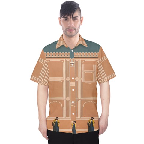 Person Stands By Tall Orange Wall And Looks- Up Men s Hawaii Shirt by artworkshop