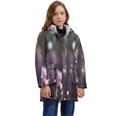 Purple Flower Pattern Kid s Hooded Longline Puffer Jacket by artworkshop