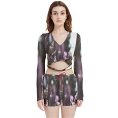 Purple Flower Pattern Velvet Wrap Crop Top And Shorts Set by artworkshop