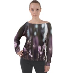 Purple Flower Pattern Off Shoulder Long Sleeve Velour Top by artworkshop