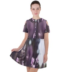 Purple Flower Pattern Short Sleeve Shoulder Cut Out Dress  by artworkshop