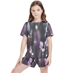 Purple Flower Pattern Kids  Tee And Sports Shorts Set by artworkshop