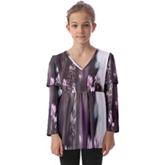 Purple Flower Pattern Kids  V Neck Casual Top