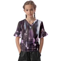 Purple Flower Pattern Kids  V-neck Horn Sleeve Blouse by artworkshop