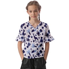 Cute Safari Animals Blue Giraffe Kids  V-neck Horn Sleeve Blouse by Stikle