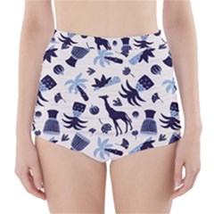 Cute Safari Animals Blue Giraffe High-waisted Bikini Bottoms