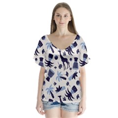 Cute Safari Animals Blue Giraffe V-neck Flutter Sleeve Top by Stikle