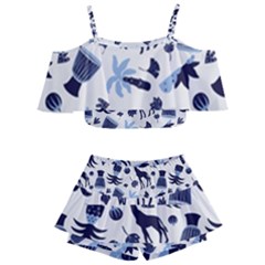 Cute Safari Animals Blue Giraffe Kids  Off Shoulder Skirt Bikini by Stikle