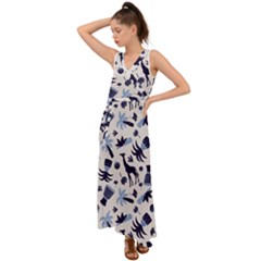 Cute Safari Animals Blue Giraffe V-neck Chiffon Maxi Dress by Stikle