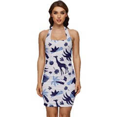 Cute Safari Animals Blue Giraffe Sleeveless Wide Square Neckline Ruched Bodycon Dress