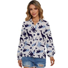 Cute Safari Animals Blue Giraffe Women s Long Sleeve Button Down Shirt