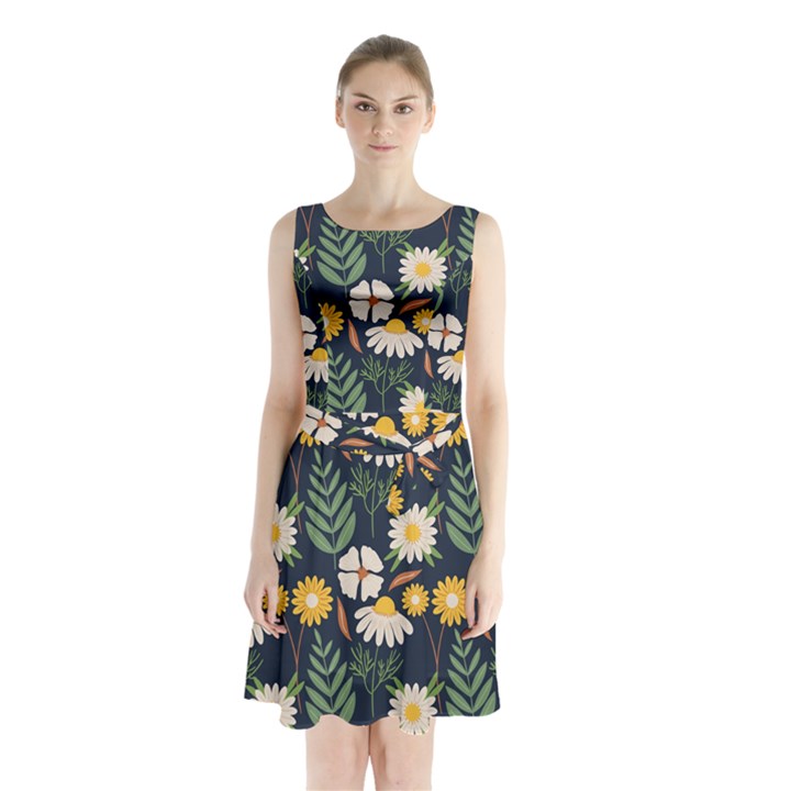 Flower Grey Pattern Floral Sleeveless Waist Tie Chiffon Dress