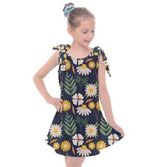 Flower Grey Pattern Floral Kids  Tie Up Tunic Dress