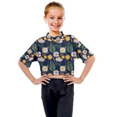 Flower Grey Pattern Floral Kids Mock Neck Tee