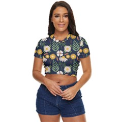 Flower Grey Pattern Floral Side Button Cropped Tee by Dutashop