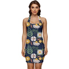 Flower Grey Pattern Floral Sleeveless Wide Square Neckline Ruched Bodycon Dress