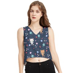 Cute-astronaut-cat-with-star-galaxy-elements-seamless-pattern V-neck Cropped Tank Top by Vaneshart