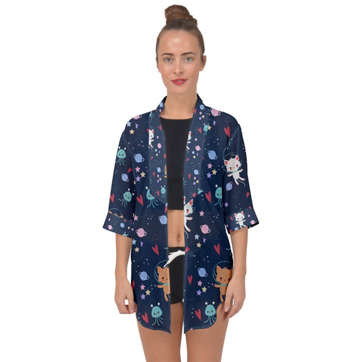 Cute-astronaut-cat-with-star-galaxy-elements-seamless-pattern Open Front Chiffon Kimono