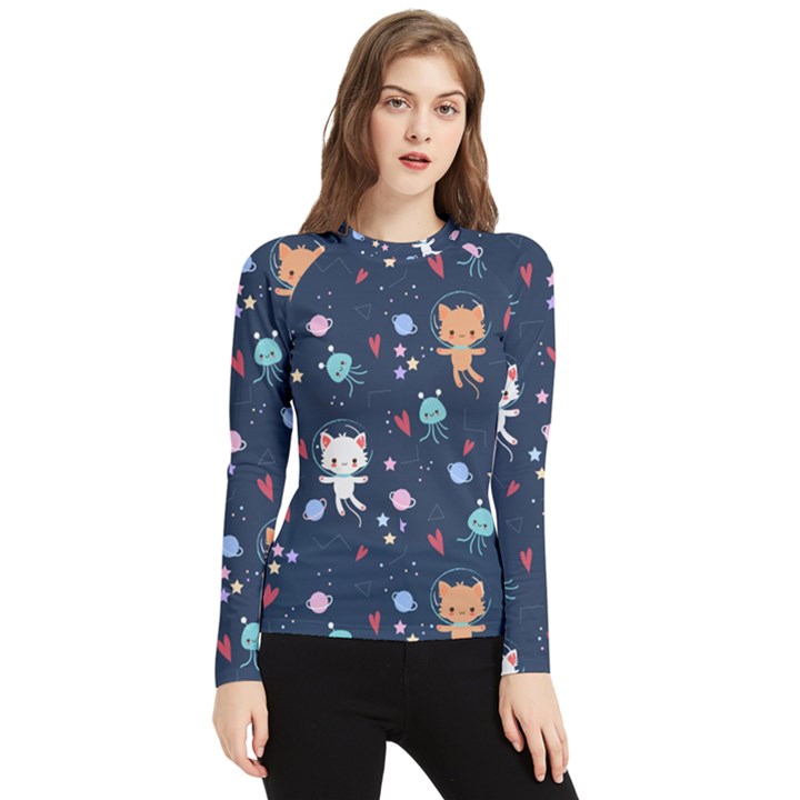 Cute-astronaut-cat-with-star-galaxy-elements-seamless-pattern Women s Long Sleeve Rash Guard