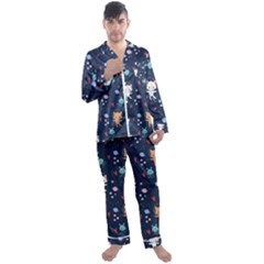 Cute-astronaut-cat-with-star-galaxy-elements-seamless-pattern Men s Long Sleeve Satin Pajamas Set by Vaneshart