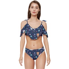 Cute-astronaut-cat-with-star-galaxy-elements-seamless-pattern Ruffle Edge Tie Up Bikini Set	