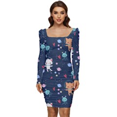 Cute-astronaut-cat-with-star-galaxy-elements-seamless-pattern Women Long Sleeve Ruched Stretch Jersey Dress by Vaneshart