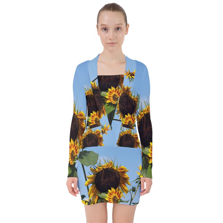 Sunflower Flower Yellow V-neck Bodycon Long Sleeve Dress