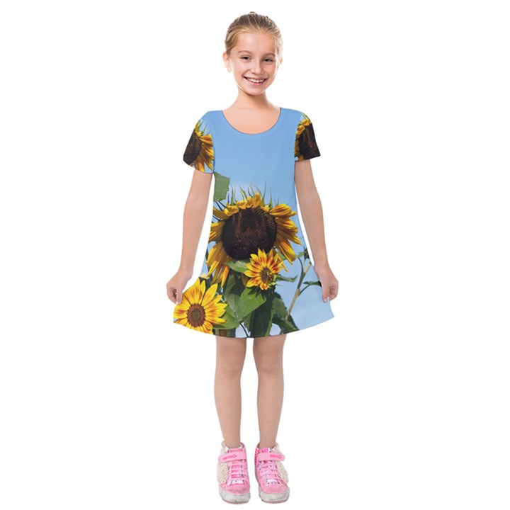 Sunflower Flower Yellow Kids  Short Sleeve Velvet Dress