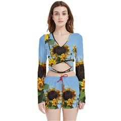 Sunflower Flower Yellow Velvet Wrap Crop Top And Shorts Set by artworkshop