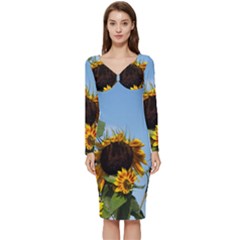 Sunflower Flower Yellow Long Sleeve V-neck Bodycon Dress  by artworkshop