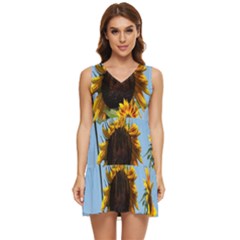 Sunflower Flower Yellow Tiered Sleeveless Mini Dress by artworkshop