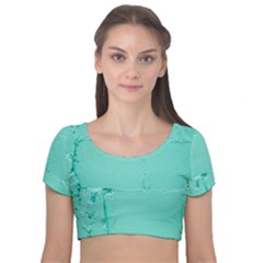 Teal Brick Texture Velvet Short Sleeve Crop Top  by artworkshop