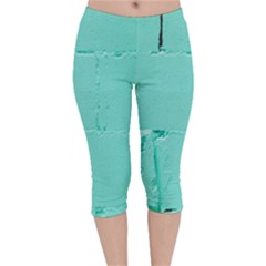 Teal Brick Texture Velvet Capri Leggings  by artworkshop