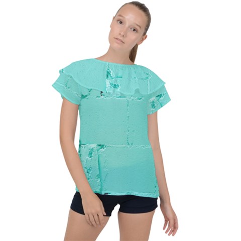 Teal Brick Texture Ruffle Collar Chiffon Blouse by artworkshop