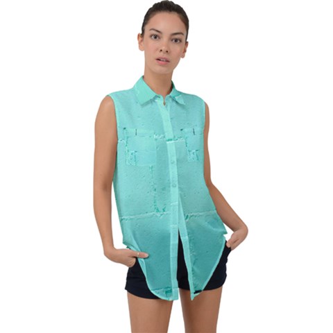 Teal Brick Texture Sleeveless Chiffon Button Shirt by artworkshop