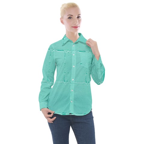 Teal Brick Texture Women s Long Sleeve Pocket Shirt by artworkshop